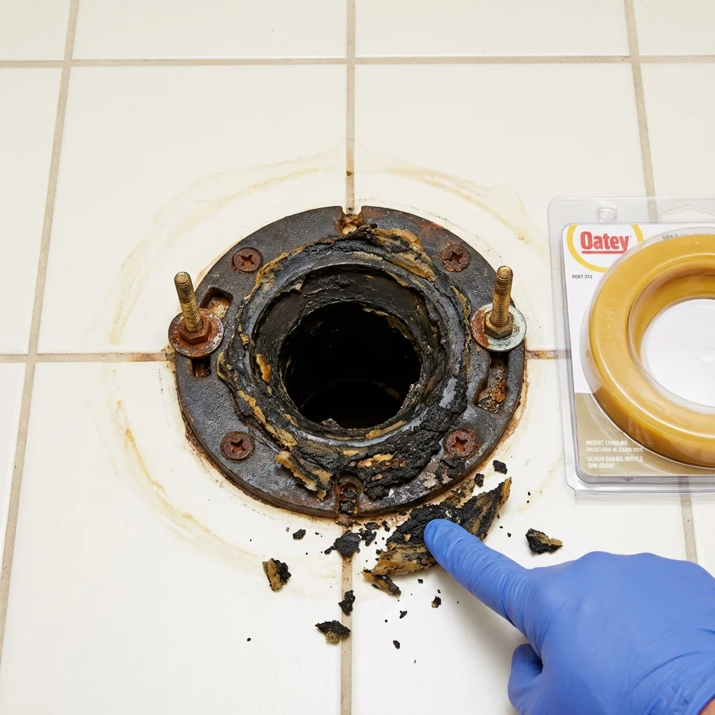 Failed wax ring showing water seepage at the base of a toilet in a Marshall, AK home